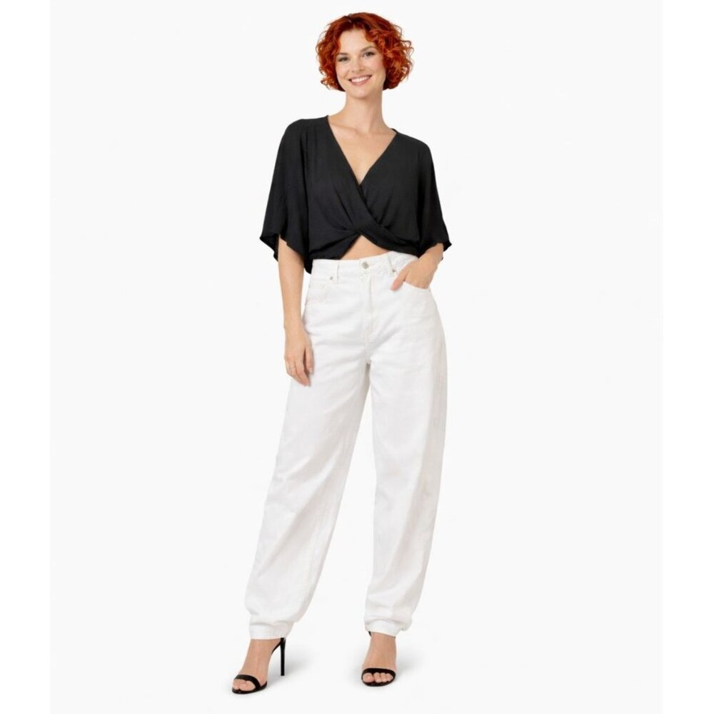 ZARA Black Sheer Small Short Sleeve Twist Deep V Front Crop Top